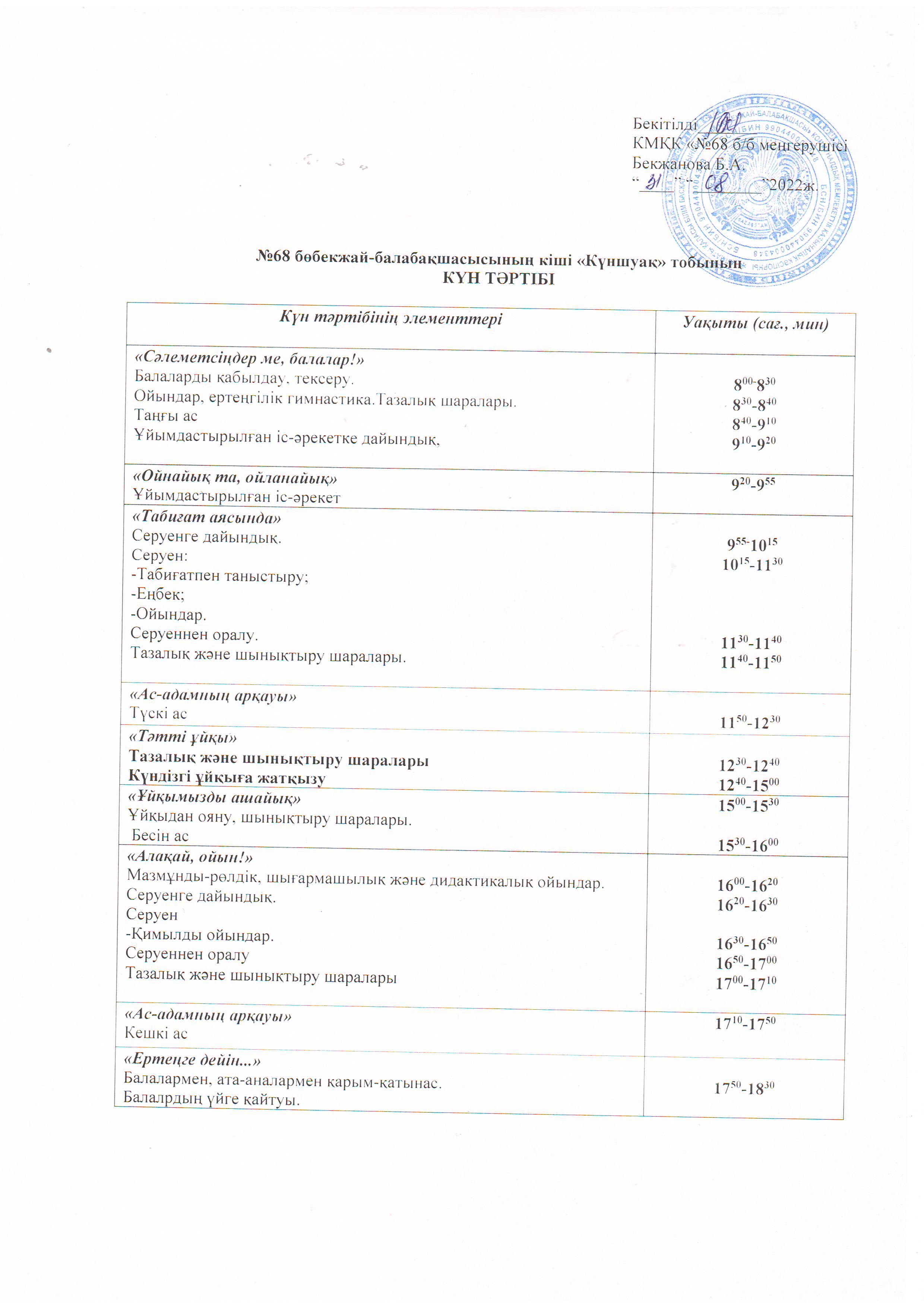 2022-2023 оқу жылына арналған Кіші "Күншуақ тобының" Күн тәртібі