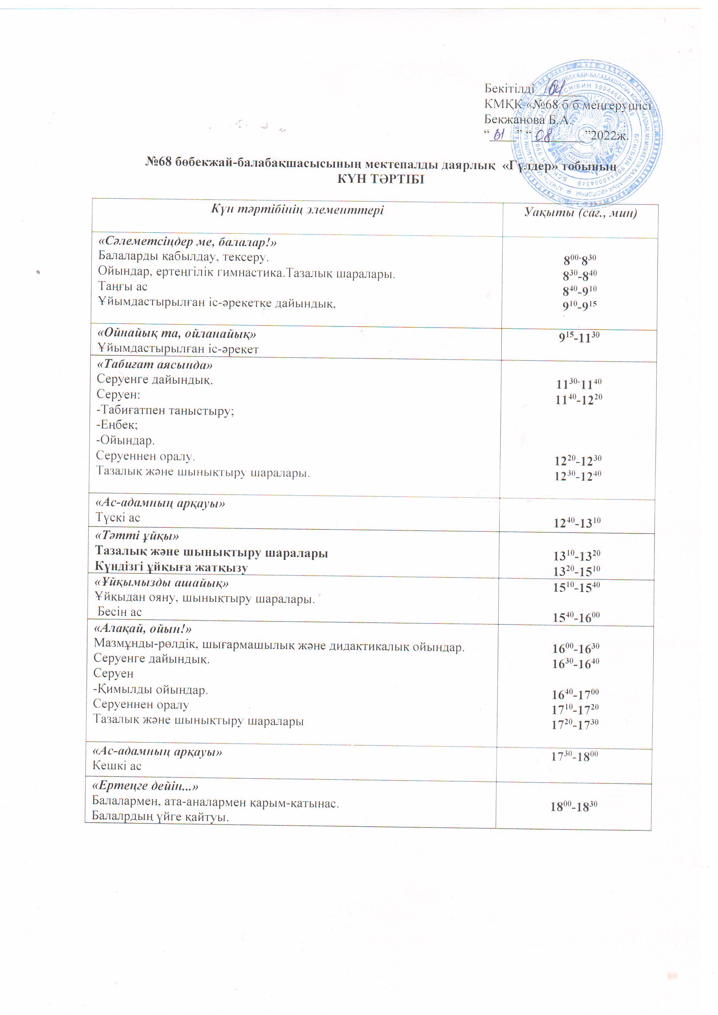 2022-2023 оқу жылына арналған мектепалды "Гүлдер" тобының күн тәртібі