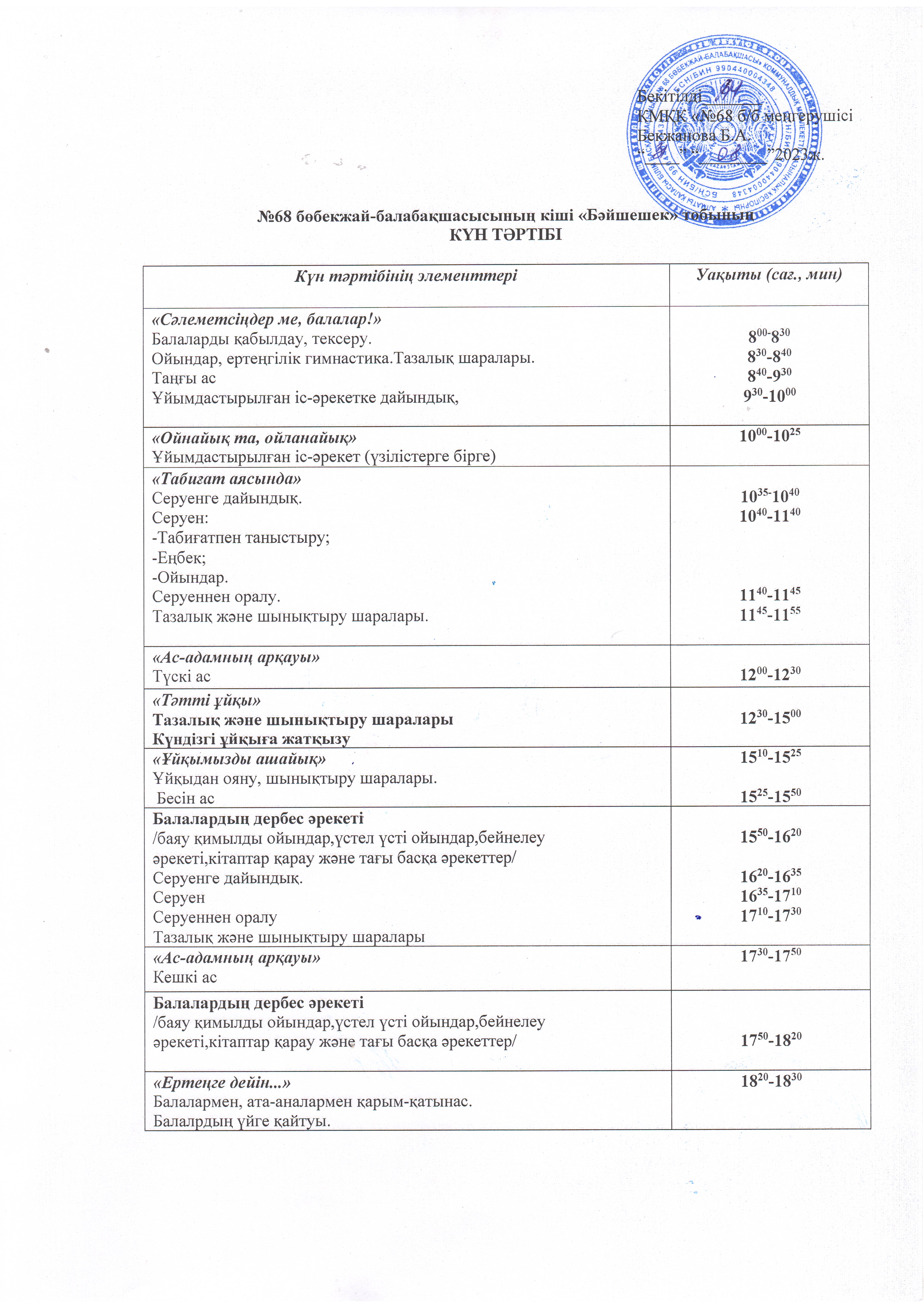 2023-2024 оқу жылының кіші "Бәйшешек" тобының күн тәртібі