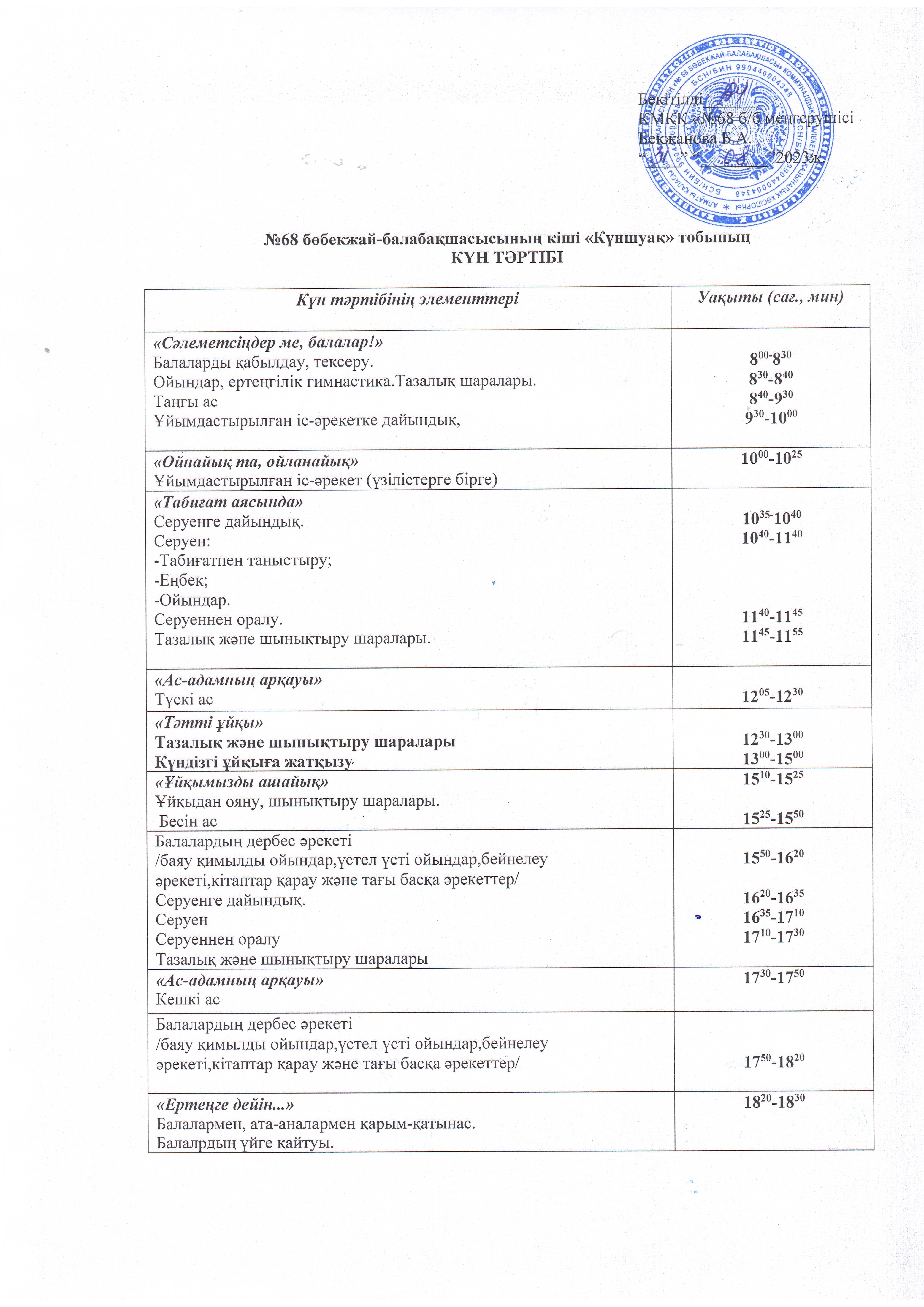 2023-2024 оқу жылының кіші "Күншуақ" тобының күн тәртібі