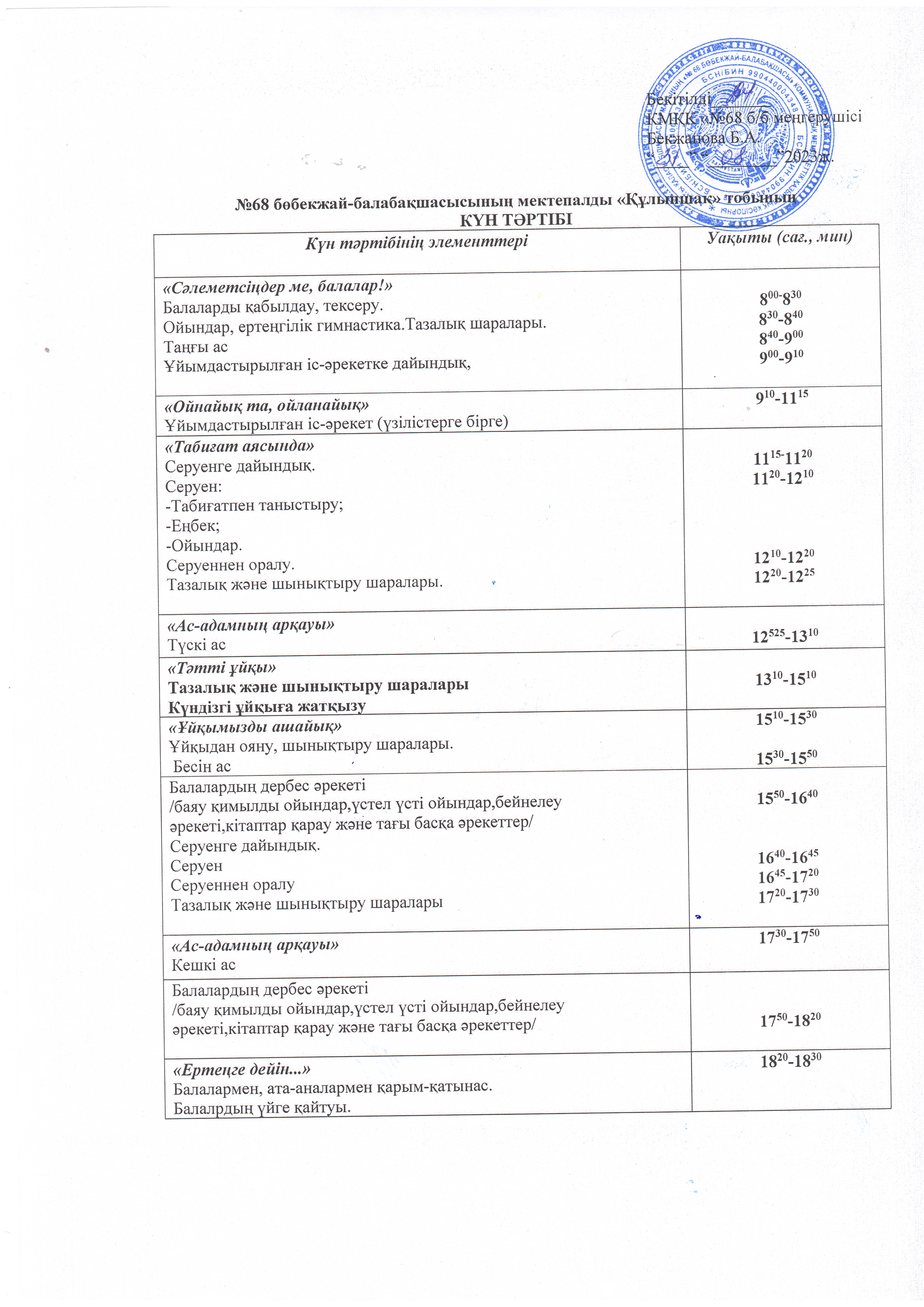 2023-2024 оқу жылының мектепалды "Құлыншақ" тобының күн тәртібі